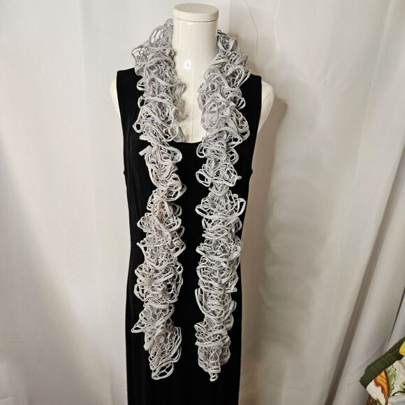 Handcrafted Gray Crochet Ruffle Boho Bohemian Whimsigoth Long Scarf - Picture 3 of 7